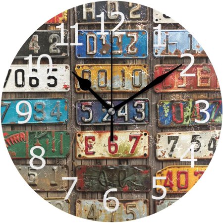 Old Time Car Number License Plates Clock Acrylic Painted Silent Non-Ticking Round Wall Clock Home Art Bedroom Living Dorm Room Decor