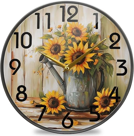 Old Watering Can Sunflower Painting 12 Inch Round Wall Clock, Silent Battery Operated Quartz Analog Quiet Desk Clock for Home,Office,School,Kitchen,Office