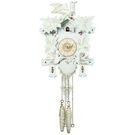 One Day Cuckoo Clock with Carved Maple Leaves & Moving Birds - White with Gold Accents