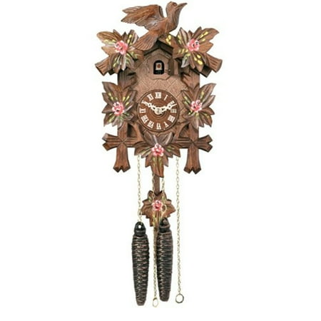 One Day Hand-Carved Cuckoo Clock with Hand-Painted Flowers, Five Maple Leaves, & One Bird