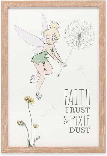 Open Road Brands Disney Peter Pan Tinker Bell Faith Trust and Pixie Dust Framed Wood Wall Decor - Cute Tinker Bell Picture for Bedroom or Home Decor