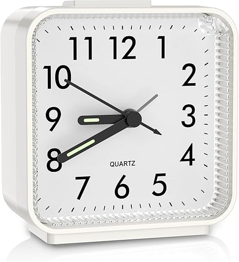 ORIA Analog Alarm Clock, Small Non Ticking Alarm Clock, 3 in Quartz Movement Silent Alarm Clock with Light, Snooze Function, Increasing Alarm Sound, Simple Alarm Clock for Elderly, Teen, White