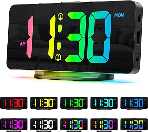 ORIA RGB Digital Alarm Clock, Colorful Digital Clock for Bedroom, 7'' Bedside Clock with Ambient Light, 11 Color Modes, Dual Alarms, Adjustable Brightness, 2 USB Ports, for Home, Office