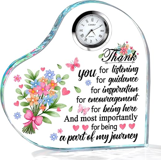 Ornalrist Thank You Gift for Women Men, Glass Heart-Shaped Colorful Plaque Keepsake with Clock Home Decoration Appreciation Gifts for Teacher Boss Coworker