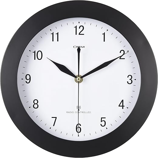 OSTAR Atomic Wall Clock，US Auto Calibration Time 10 Inch Round Clock, Battery Operated