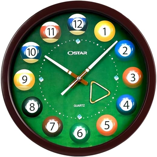 OSTAR Big Large Billiard Pool Ball Wall Clock, Battery Operated, Cue Hand, Non Ticking Quality Quartz, 14