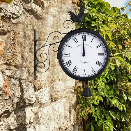 Outdoor Garden Metal Double Sided Cockerel & Bell Wall Clock With Station Bracket