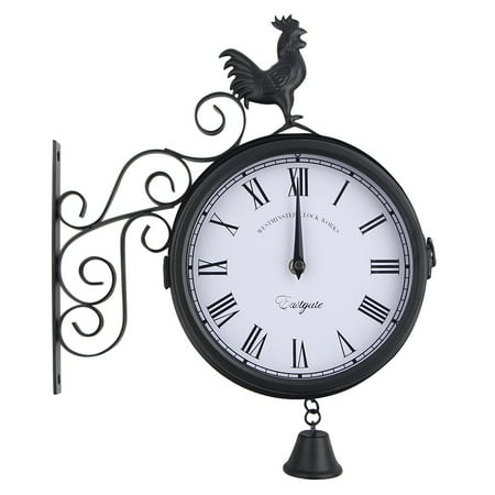 Outdoor Wrought Iron Wall Clock Garden Creative Fashion Double-sided Bell Shape Wall Hanging Clock without Battery (Black)