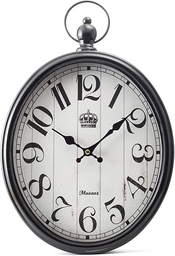 Oval Large Wall Clock Silent Non-Ticking Metal Battery Operated Retro Wall Clock Antique Design Rustic Vintage Style Decor Wall Clock for Living Room Kitchen Farmhouse 16 inch (black, 16inches)