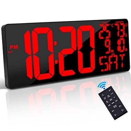 [Oversized] 18" Large Digital Wall Clock with Remote Control, Basic Model (Red)
