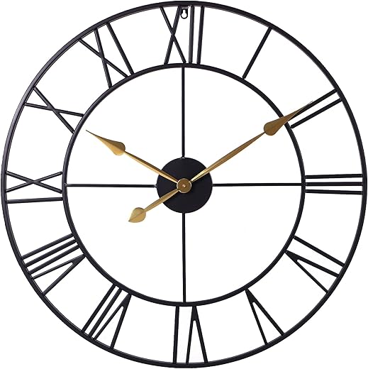 Oversized Metal Wall Clock, 30 Inch Classic Open Face Clock with Roman Numerals,Black Metal Home Decor Clock for Living Room, Bedroom, Kitchen(Gold Hands)