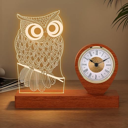 Owl Gifts for Women Men-Owl Model Quartz Clock, Owl Night Light Lamp with Desk Table Clock for Owls Lovers Home Office Bedroom Decor