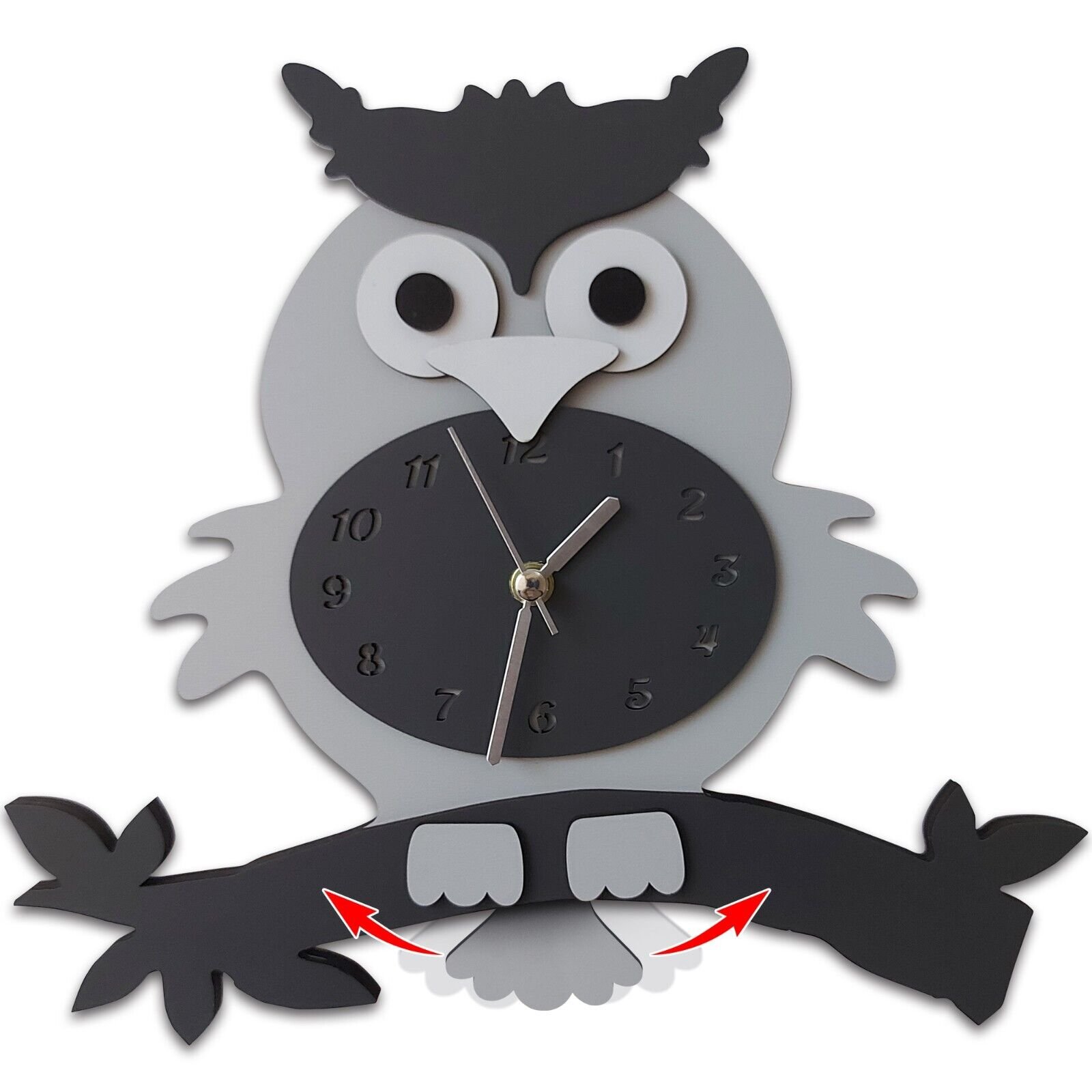 Owl Swinging Tail Wall Clock, Kids Analog Clock, Kids Children Wall Clocks Gray