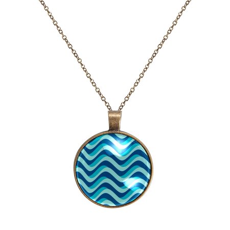 OWNMEMORY Nautical Wave Stripe Pattern Women's Glass Circular Pendant Necklace - Stunning Jewelry Piece