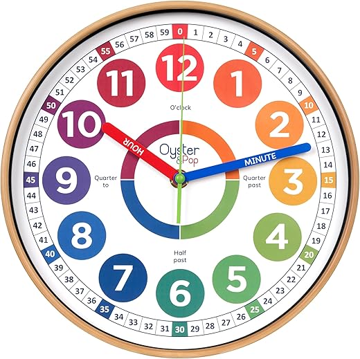 Oyster&Pop Learning Clock for Kids - Silent Telling The Time Teaching Clocks - Non-Ticking Kids Clocks for Bedrooms - Classroom Clocks for Teaching Time - Children Learn to Tell Time Easily