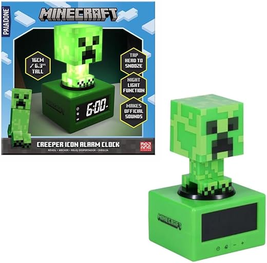 Paladone Minecraft Creeper Icon Alarm Clock - Creeper Glow Mode - Battery Powered - Kids Alarm Clock for Boys