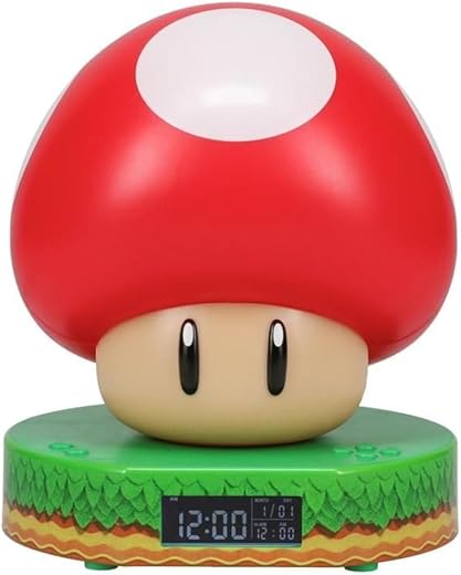 Paladone Super Mario Bros Mushroom Digital Alarm Clock with Power Up Game Sound and Night Light Glow, Licensed Nintendo Lamp for Kids Themed Bedroom and Bedside - 13.7 cm