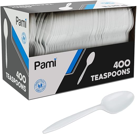 PAMI Medium-Weight Disposable Plastic Teaspoons [400-Pack] - Bulk White Plastic Silverware For Parties, Weddings, Catering Food Stands, Takeaway Orders & More- Sturdy Single-Use Partyware Spoons