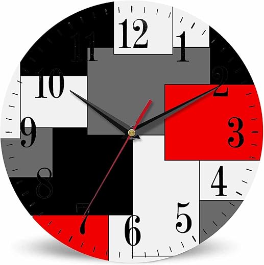 Paneling Pattern Wall Clock Abstract Geometric Block Red Black Gray White 10 Inch Silent Non Ticking Battery Operated Clock Vintage Round Clock for Living Room Bedroom Bathroom Office Decor