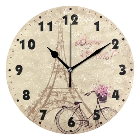 Paris Eiffel Tower Round Wall Clocks French Style Silent Wall Hanging Watch 25cm Wooden Clock for Living Room