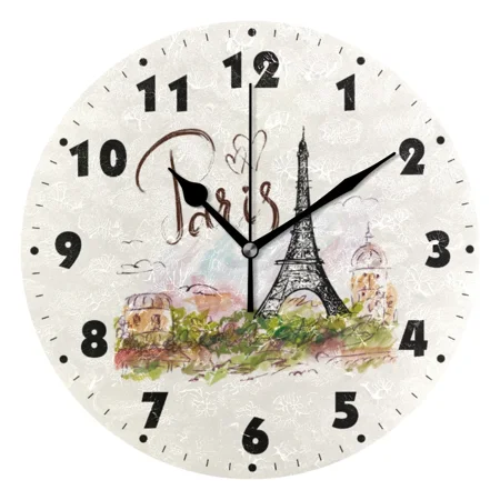 Paris Eiffel Tower Round Wall Clocks French Style Silent Wall Hanging Watch 25cm Wooden Clock for Living Room