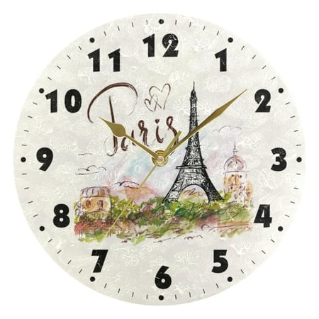 Paris Eiffel Tower Round Wall Clocks French Style Silent Wall Hanging Watch 25cm Wooden Clock for Living Room