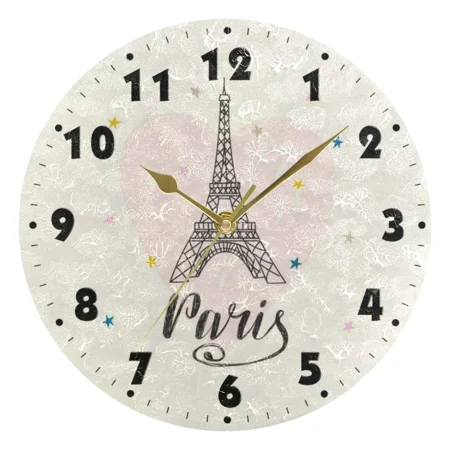 Paris Eiffel Tower Round Wall Clocks French Style Silent Wall Hanging Watch 25cm Wooden Clock for Living Room