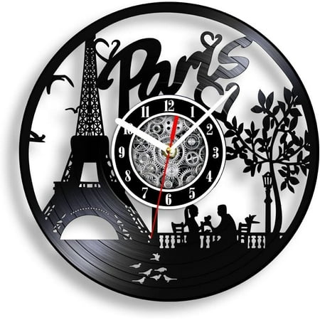 Paris Eiffel Tower Silent Vinyl Record Wall Clock Battery Operated Quartz 12Inch French Paris Skyline Hanging Watch Tourist Gift Living Room Decor