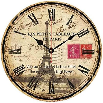 Paris French Decor Eiffel Tower with Roman Numerals Wooden Wall Clocks Farmhouse Design Silent Non Ticking Quality Quartz Battery Operated Wood Clock 14 inch