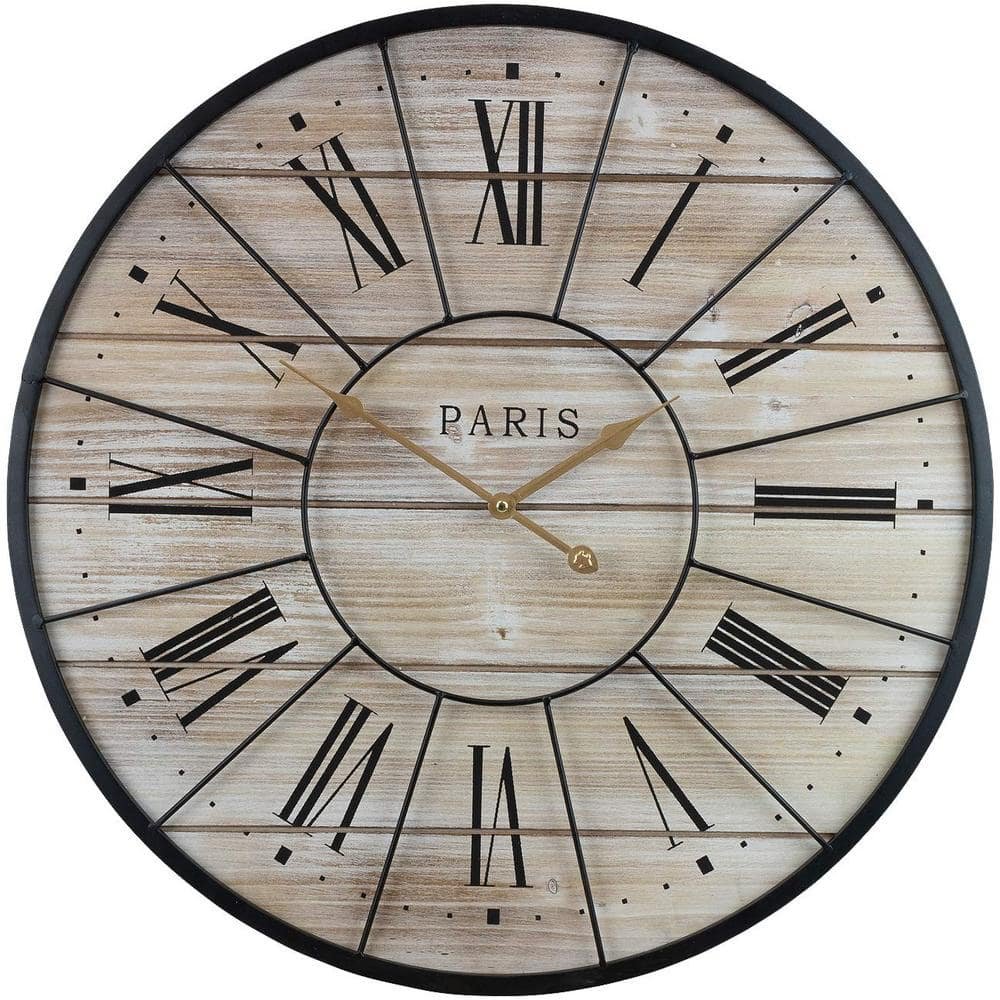 Parisian French Country Rustic Large Decorative Modern Farmhouse Analog Wood Metal Clock,...