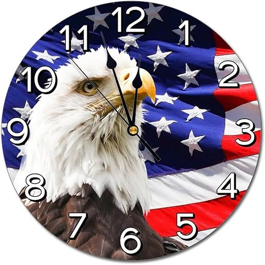 Patriotic Bald Eagle with American Flag Wall Clock Battery Operated Silent Round Clock Wall Decor for Home Office School, 12 Inch