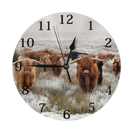 PAYOHTO 10''Wall Clock Scottish Highland Cattle Winter Landscape, Frameless Battery Operated Silent Non-Ticking Electronic Clock for Office Living Room Bedroom