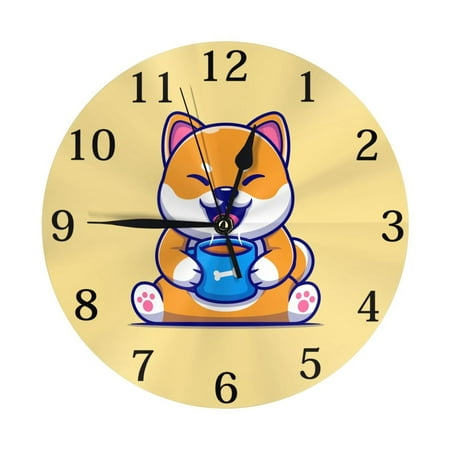 PAYOHTO 10''Wall Clock Shiba Inu Dog Holding Hot Coffee Cup, Frameless Battery Operated Silent Non-Ticking Electronic Clock for Office Living Room Bedroom