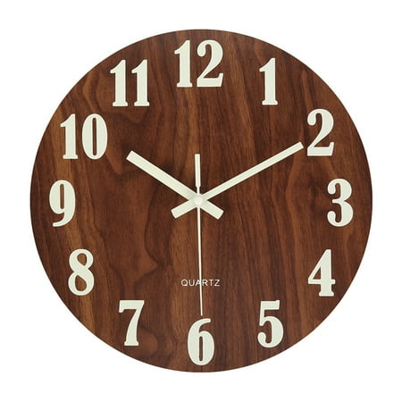 Pcapzz 12 Inch Luminous Wall Clock Wooden Design Night Lights Round Wall Clock Large Number Wooden Clock for Living Room Bedroom Home Kitchen Office School Easy to Read Glow in Dark