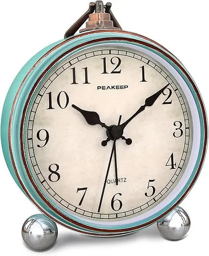 Peakeep 4 Small Battery Operated Antique Retro Analog Alarm Clock for Room Decor, Silent Elegant Bedside Desk Table Gift Clock