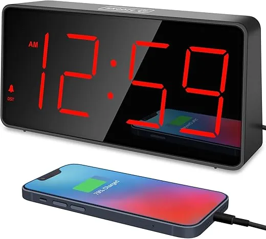 Peakeep Digital Clock, Alarm Clock for Bedrooms with USB Charger Port - Large Big Numbers 5 Brightness for Seniors, Battery Backup, Loud Alarm 5 Volums (Black with Red Digits)