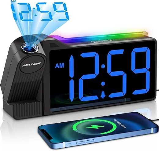 Peakeep Digital Clock, Nightlight Projection Alarm Clock for Bedroom Ceiling, LED Plug in Electric Bedside Clock USB Charger, Battery Backup, Large Numbers Loud Alarm Clock for Heavy Sleepers (Blue)