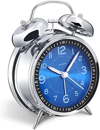 Peakeep Loud Alarm Clock for Heavy Sleepers Adults, Metal 4 Inches Twin Bell Battery Operated Alarm Clocks for Bedrooms Decoration (Jewel Blue)