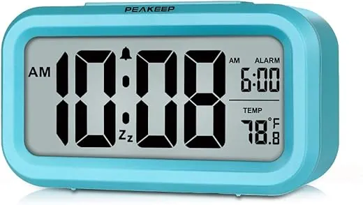 Peakeep Night Light Digital Alarm Clock Battery Operated with Indoor Temperature, Desk Small Clock (Blue)