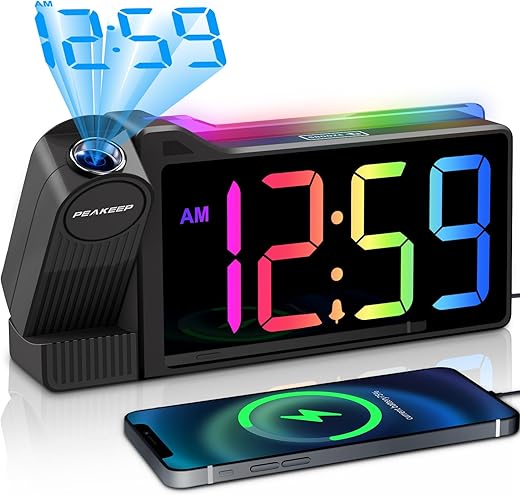 Peakeep Projection Alarm Clock for Bedroom Ceiling, Super Loud for Heavy Sleepers - RGB Large Number Digital Clock Dimmable, Plug in Bedside Electric Clock with USB Port & Colorful Nightlight