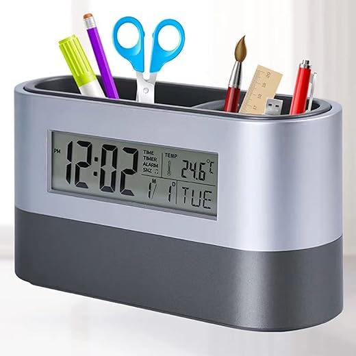 Pen Holder, Innovative Alarm ClockPen Organizer for Desk , LCD Electronic Clock, Perpetual Calendar Clock, Multifunctional Digital Bedside Clock, Display Temperature/Time/Date (Pen holder clock)