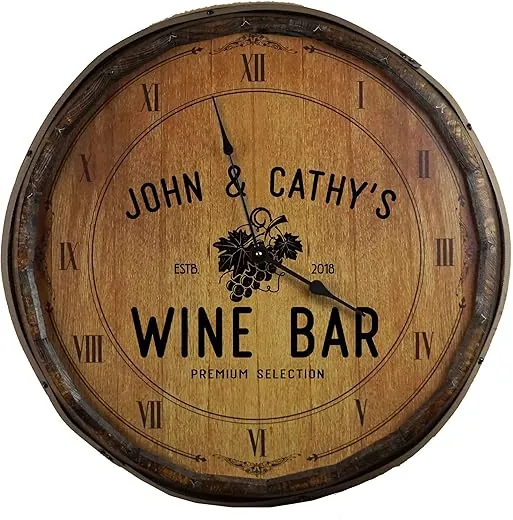 Personalized Large Decorative Wall Clock Wine Bar Barrel End (21 inch) with High Torque Motor - Rustic Wine Bar Decor for Kitchen, Office, Home Bar, Pub (QB_B829)