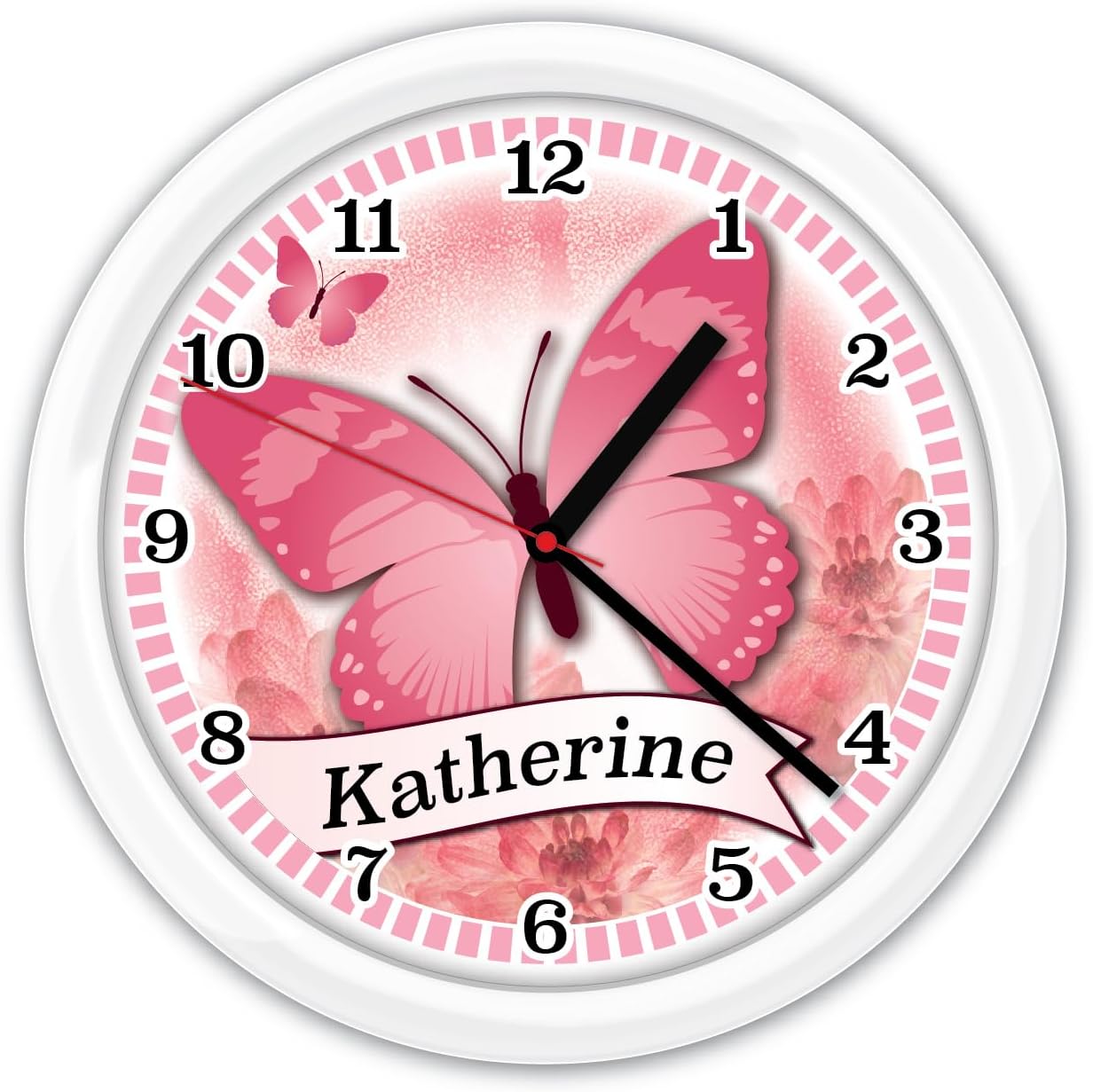 Personalized Pink Butterfly Wall Clock - Gift, Decor, Black or White Frame Room Cute