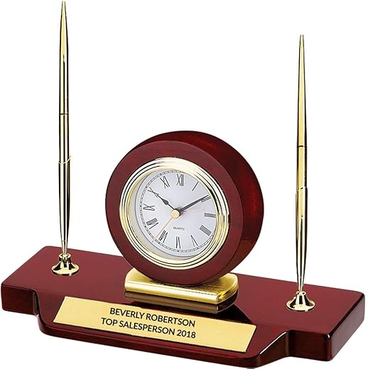 Personalized Rosewood Double Pen Desk Set with Clock | Customize Engraving | Corporate Gift or Award