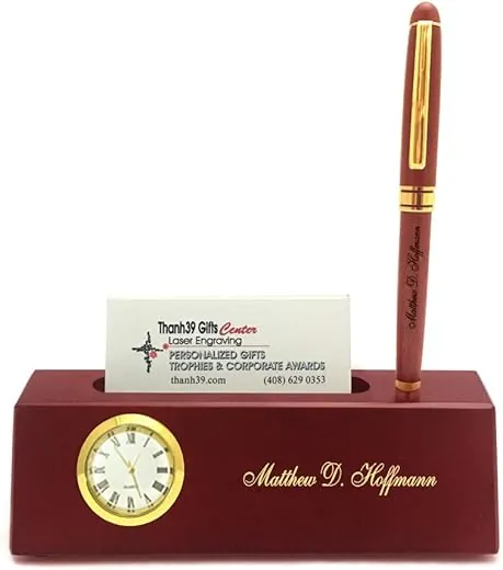 Personalized Solid Rosewood Business Card Holder with Clock and Ballpoint Pen