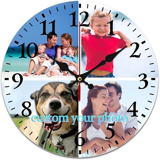 Personalized Wall Clock,Custom Clock with 4 Picture Text,PVC Customized Round Silent Photo Clock,Creative Gifts10 in