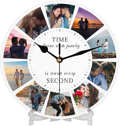 Personalized Wall Clock with Picture, 10 Photo Collage Family Quote Wall Clock, Custom Rustic Farmhouse Wall Clock for Home, Kitchen, Living Room, Silent Battery Powered, Gift for Christmas