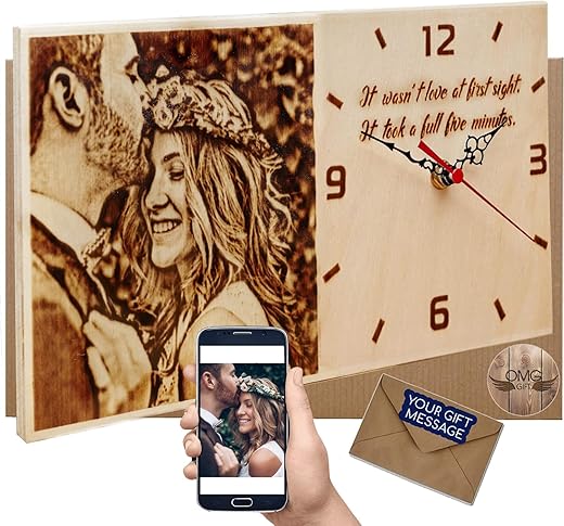 Personalized Wood Burned Photo Clock - Traditional Gifts for 5 Year Anniversary for Her - Memorable Gifts - Custom Wooden Photo Gifts - Romantic Gifts