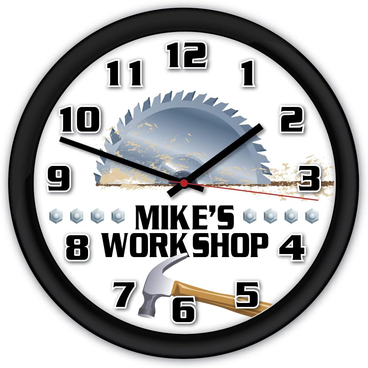 Personalized Workshop Wall Clock - Garage, Shop, Decor Gift, Tools, Saw, Carpenter, Father's Day, Dad, Black Frame