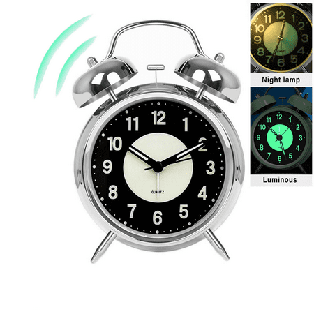 Petyoung Retro Alarm Clock Silver Twin Bell, 4 Ultra Quiet Analog Alarm Clock for Kids, Luminous Dial for Deep Sleepers, Non-Tick Quartz Alarm Clock for Bedroom